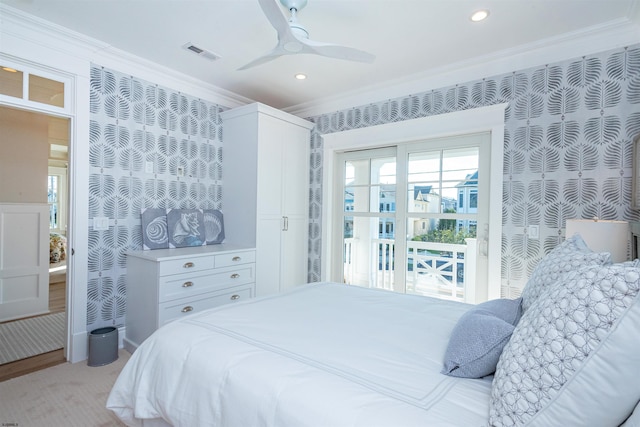 bedroom featuring ceiling fan, light colored carpet, and ornamental molding