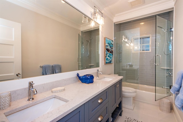 full bathroom with toilet, bath / shower combo with glass door, tile patterned flooring, ornamental molding, and vanity