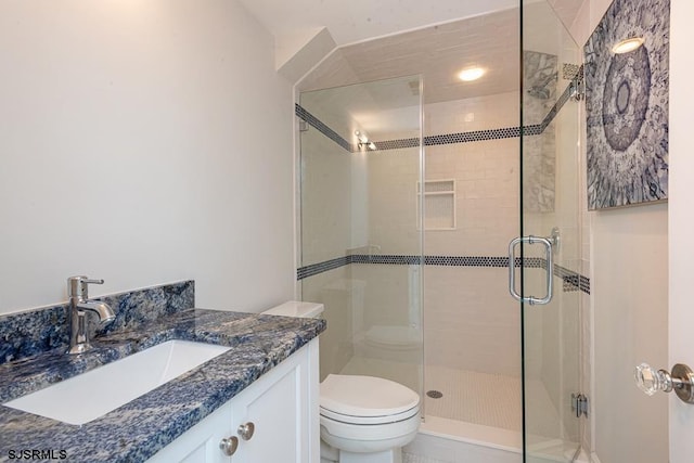 bathroom featuring toilet, vanity, and an enclosed shower