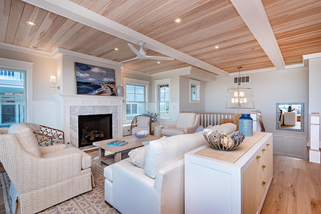 living room featuring wooden ceiling, a premium fireplace, light hardwood / wood-style flooring, and beamed ceiling