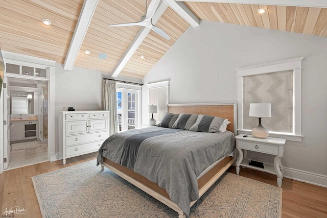 bedroom featuring ceiling fan, vaulted ceiling with beams, wooden ceiling, and light hardwood / wood-style flooring