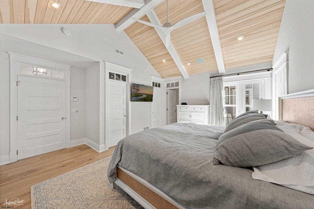 bedroom featuring light hardwood / wood-style floors, wood ceiling, and vaulted ceiling with beams