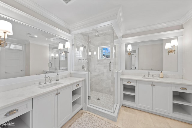 bathroom featuring crown molding, an enclosed shower, and vanity