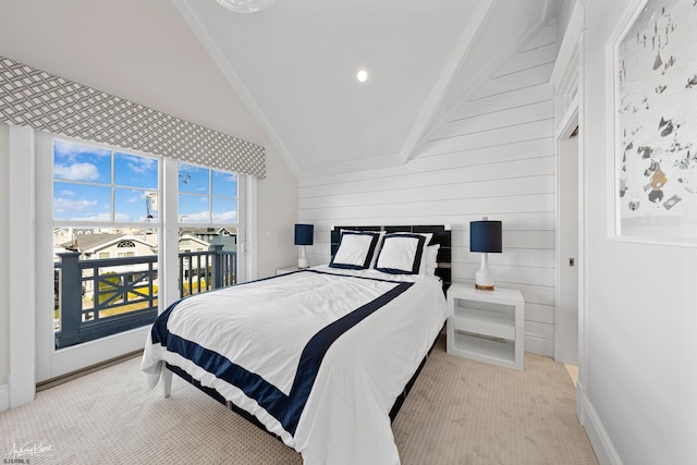 carpeted bedroom with vaulted ceiling, wooden walls, and ornamental molding