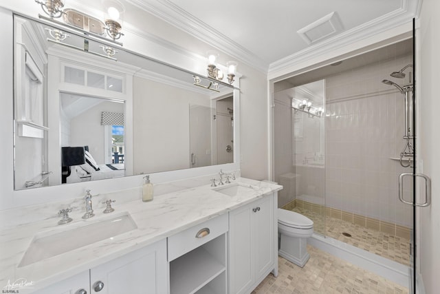 bathroom featuring walk in shower, vanity, toilet, and ornamental molding