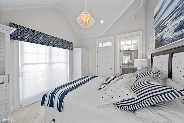 carpeted bedroom with high vaulted ceiling, multiple windows, and a chandelier