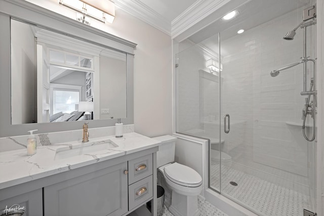 bathroom with walk in shower, vanity, toilet, and crown molding