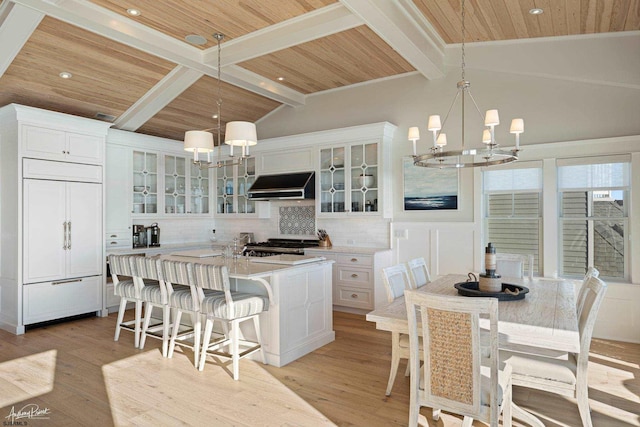 kitchen with paneled refrigerator, white cabinets, an island with sink, backsplash, and lofted ceiling with beams