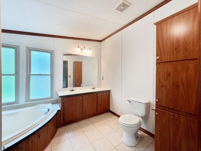 bathroom featuring toilet, vanity, plenty of natural light, and ornamental molding