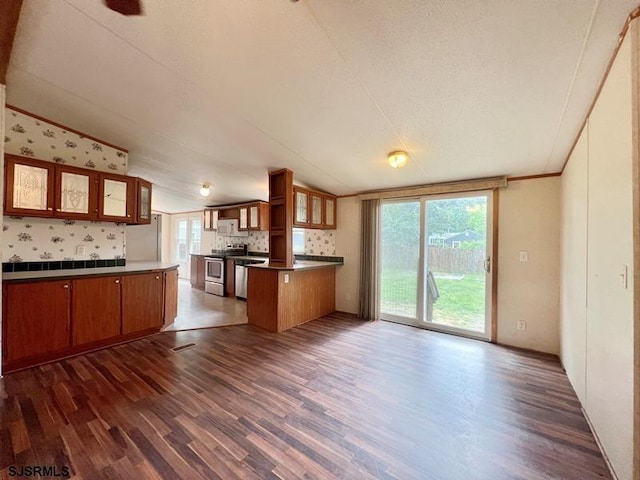 kitchen featuring dark wood-type flooring, stainless steel range oven, a textured ceiling, and a kitchen island