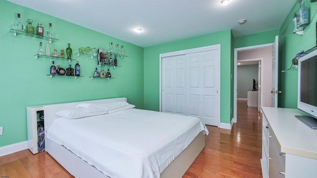 bedroom featuring wood-type flooring and a closet