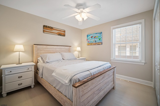 bedroom with wood-type flooring, a closet, and ceiling fan