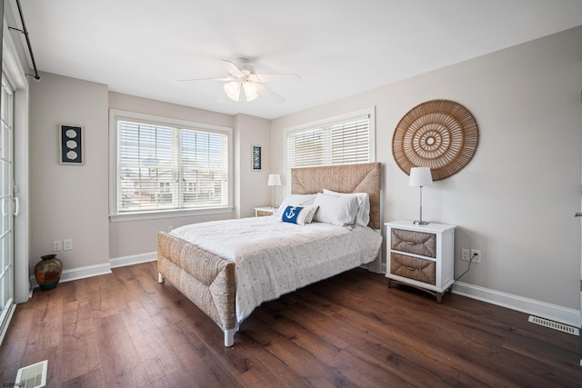 bedroom with ceiling fan and wood-type flooring