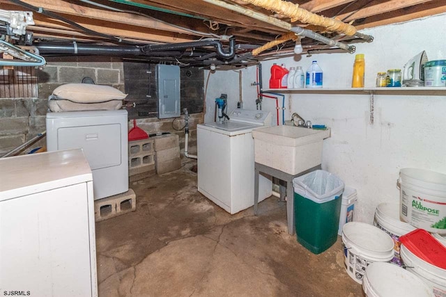 basement with independent washer and dryer, electric panel, and sink