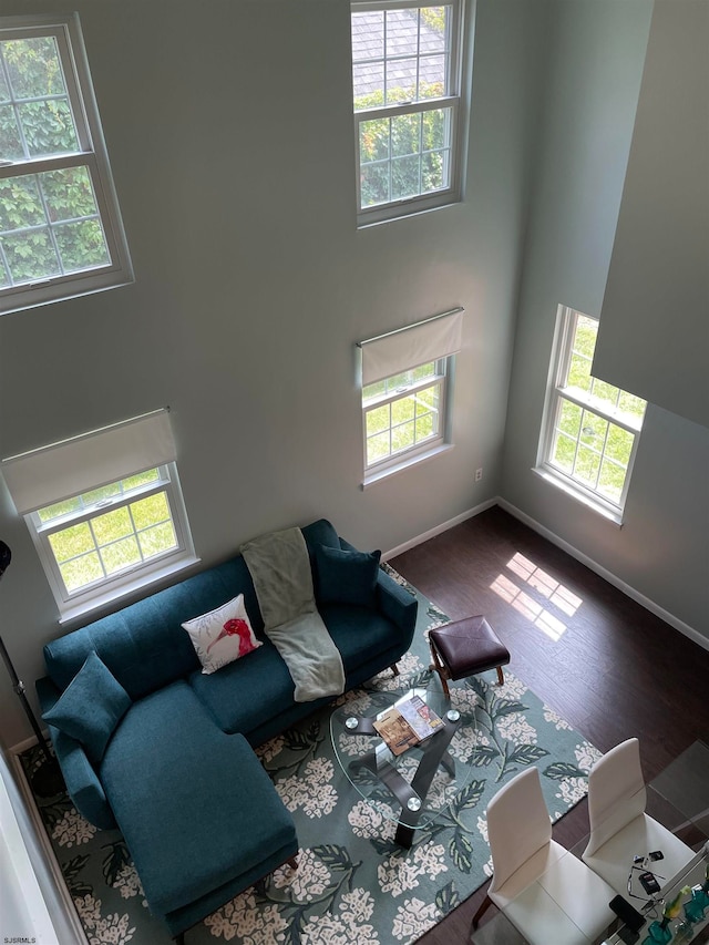 living room with a wealth of natural light, wood-type flooring, and a towering ceiling