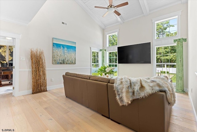 living room with ceiling fan, high vaulted ceiling, light hardwood / wood-style flooring, and beam ceiling