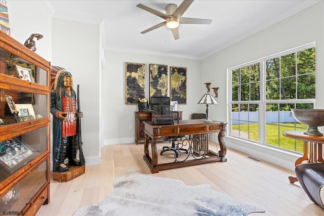 office featuring ceiling fan, light wood-type flooring, and ornamental molding