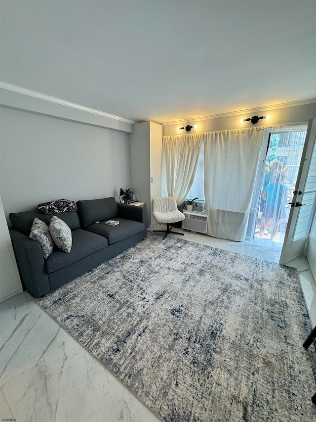 living room featuring crown molding