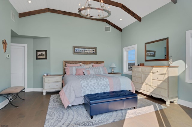 bedroom with beam ceiling, high vaulted ceiling, an inviting chandelier, and hardwood / wood-style flooring