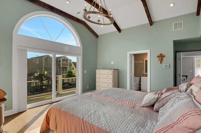 bedroom featuring connected bathroom, high vaulted ceiling, access to outside, a notable chandelier, and beam ceiling