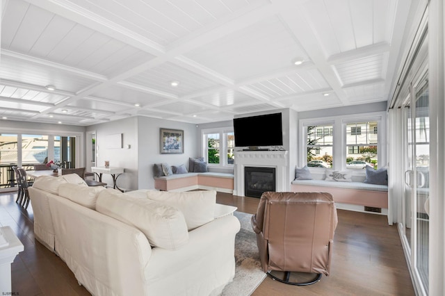 living room featuring beam ceiling, coffered ceiling, dark hardwood / wood-style floors, and plenty of natural light