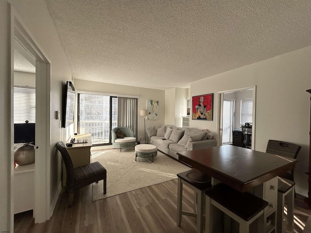 living area with dark wood finished floors and a textured ceiling