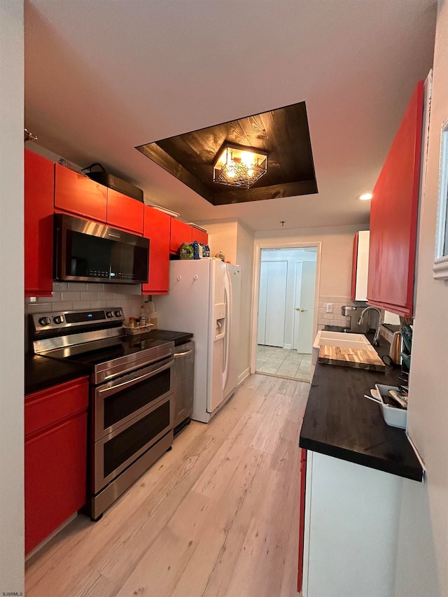 kitchen with a raised ceiling, light wood-type flooring, decorative backsplash, stainless steel appliances, and sink