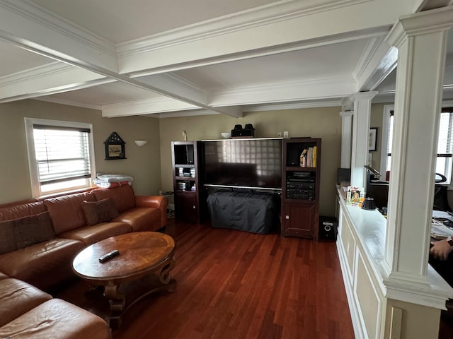 living room with ornate columns, dark hardwood / wood-style floors, beamed ceiling, coffered ceiling, and crown molding