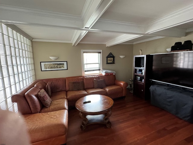 living room featuring hardwood / wood-style flooring, coffered ceiling, crown molding, and beamed ceiling