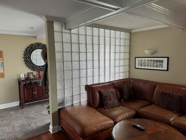 living room featuring crown molding and beamed ceiling