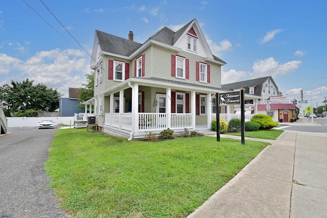 view of front of property featuring a front lawn and covered porch