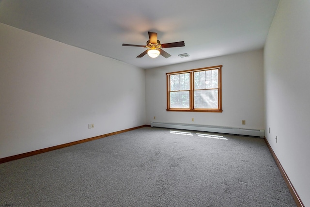 carpeted empty room with a baseboard heating unit, baseboards, visible vents, and a ceiling fan