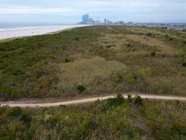 drone / aerial view featuring a beach view and a water view