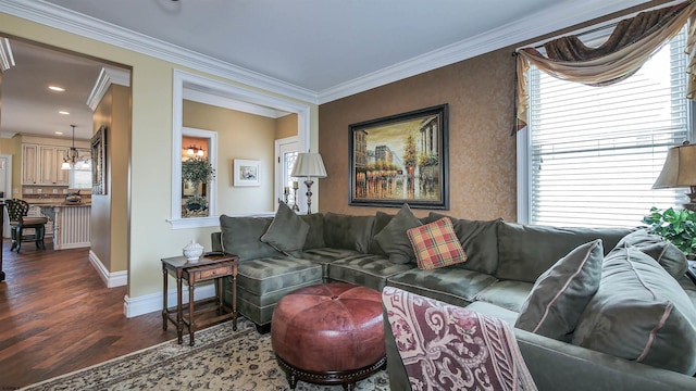 living room with hardwood / wood-style flooring and crown molding