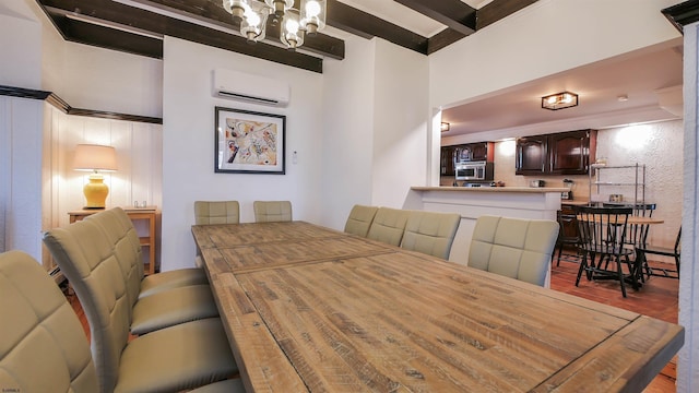 dining space featuring beam ceiling, a wall mounted air conditioner, crown molding, and an inviting chandelier