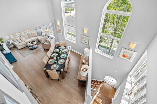 living area with baseboards, a high ceiling, and wood finished floors