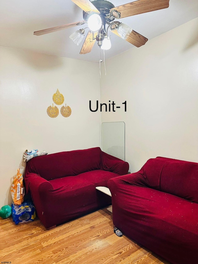 living room with ceiling fan and wood-type flooring