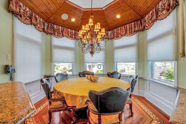 dining area with wood ceiling, hardwood / wood-style floors, and a chandelier