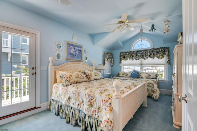 carpeted bedroom with lofted ceiling, access to outside, and ceiling fan