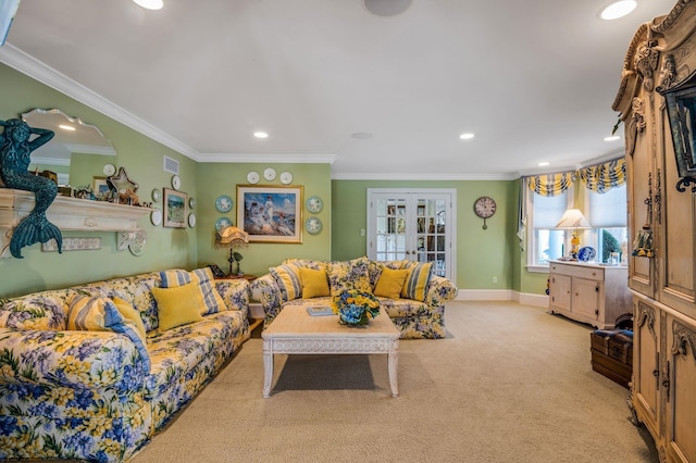 living room featuring french doors, light colored carpet, and ornamental molding