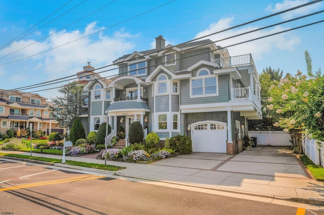 view of front of home with a garage and a balcony