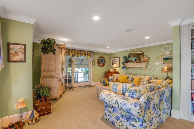 carpeted living room with crown molding