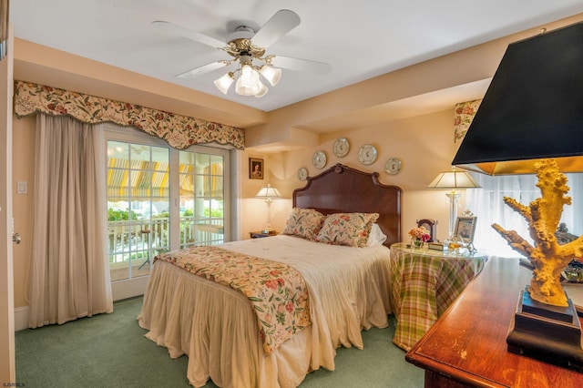 bedroom featuring carpet, ceiling fan, and access to exterior