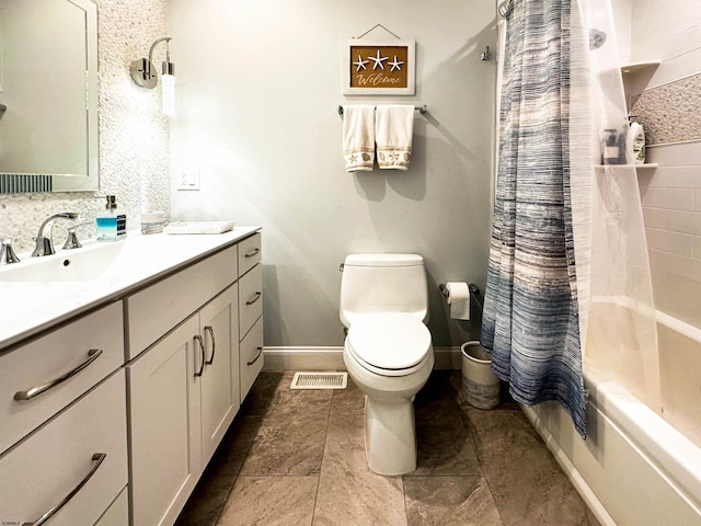 full bathroom with toilet, tile patterned flooring, vanity, tasteful backsplash, and shower / tub combo