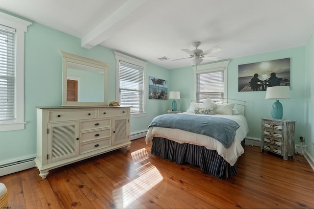 bedroom featuring a baseboard radiator, beam ceiling, visible vents, and wood finished floors