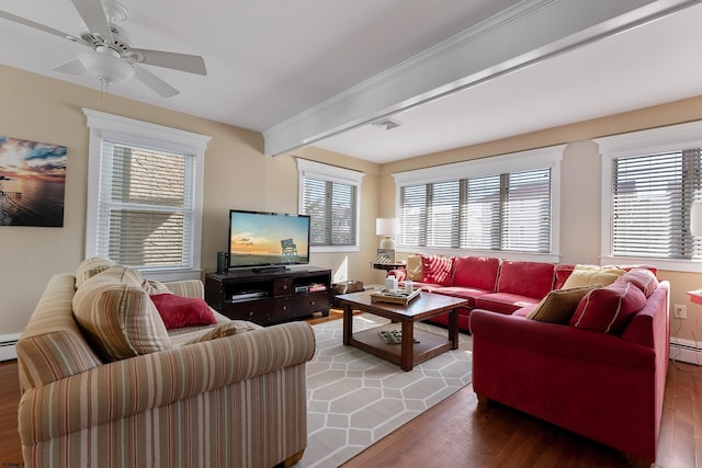 living area with a wealth of natural light, beamed ceiling, and wood finished floors