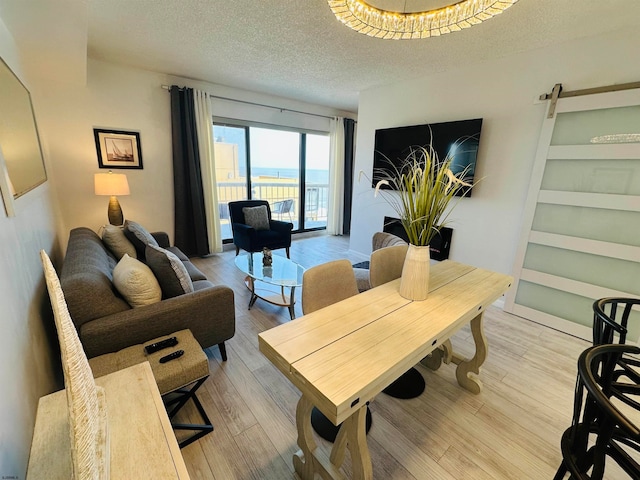 living room with a textured ceiling and light hardwood / wood-style flooring