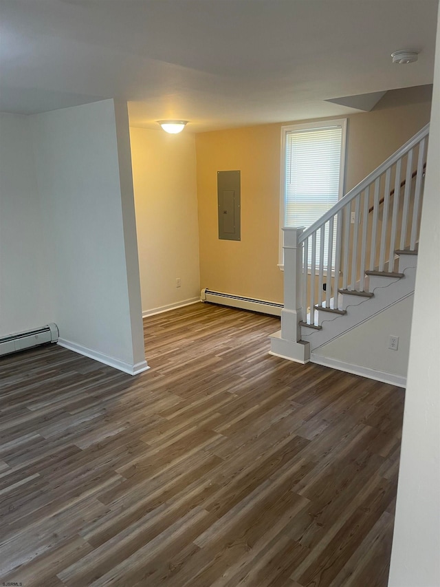 unfurnished room featuring a baseboard radiator, electric panel, and dark hardwood / wood-style flooring