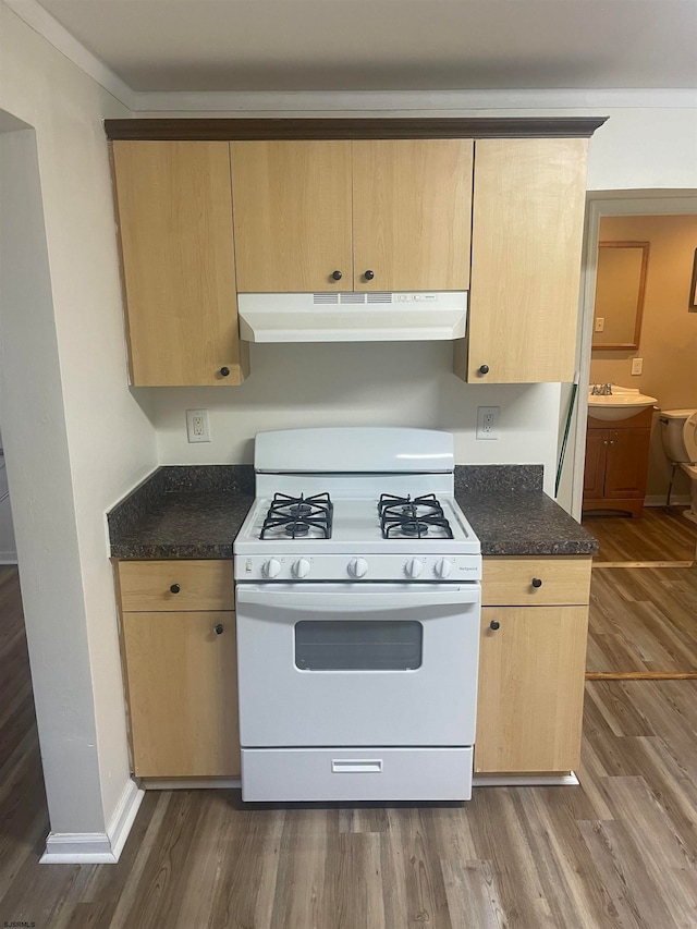 kitchen with white gas stove, sink, hardwood / wood-style floors, and light brown cabinetry