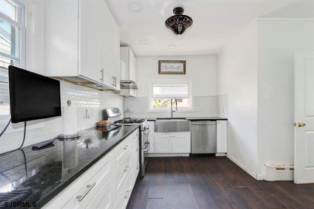 kitchen featuring dark hardwood / wood-style floors, appliances with stainless steel finishes, tasteful backsplash, sink, and white cabinetry